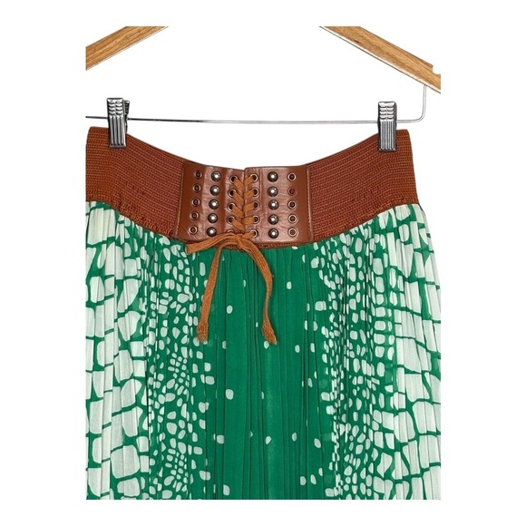 Magic Green Maxi Skirt Pleated High Waist Brown Belted Snake Print Size Medium - Picture 2 of 9